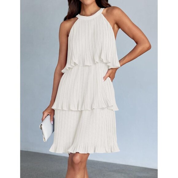 Women's Summer Halter Dress Sleeveless Ruffle Tiered Layered Chiffon Mini Dress - Picture 2 of 8